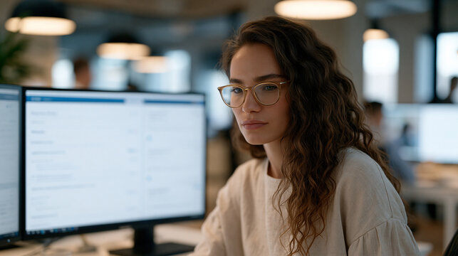 Sales team member in an open-plan office reviews a sales enablement platform on dual monitors, product pitch decks, competitive battlecards, and training completion badges all