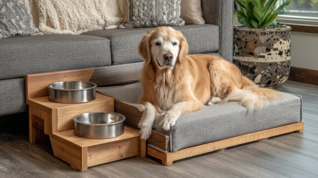 Golden retriever lying by raised wooden feeding station in cozy modern living room for pet lifestyle and interior design background