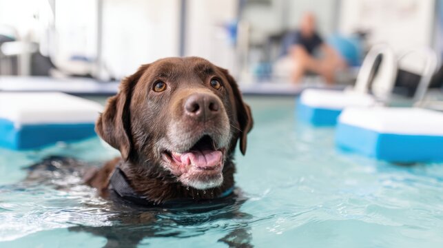 Brown labrador swimming in therapy pool for pet rehabilitation design, card, poster, background