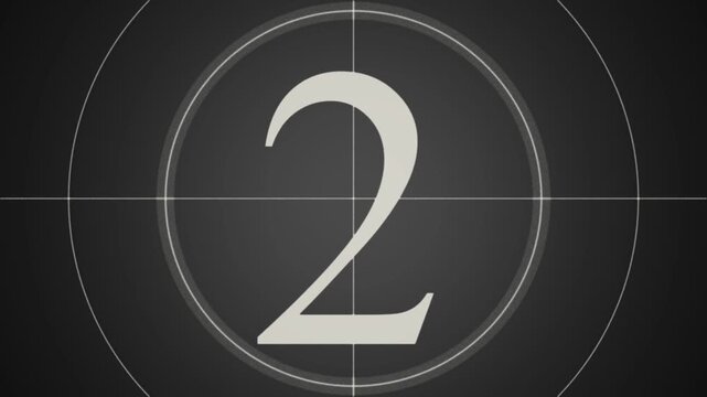 Classic vintage monochrome film countdown leader animation counting down from 5 to 1 with a rotating clock wipe effect