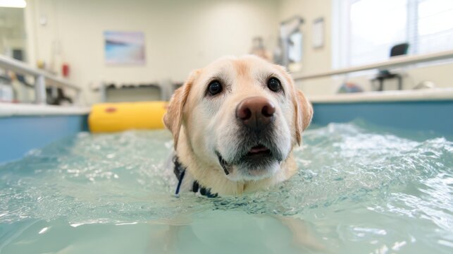 Golden labrador swimming in therapy pool for pet rehabilitation design, card, poster, background