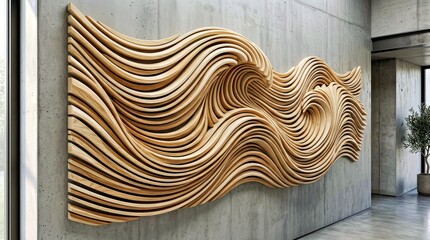 Naklejka premium Wooden Wave Sculpture Mounted on Concrete Wall in Modern Interior Space