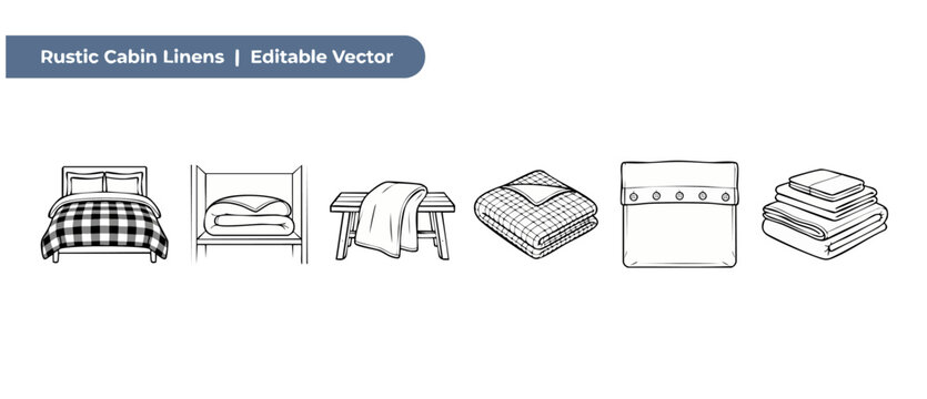 Bedding line art vector icons of rustic cabin linens and folded blankets, featuring plaid quilt on bed, duvet stack, and outline sketch elements for cozy home decor interior graphic design element set