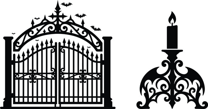 Halloween vector silhouette set featuring an ornate gothic cemetery gate with flying bats, and a dark decorative candelabra with a single lit wax candle.