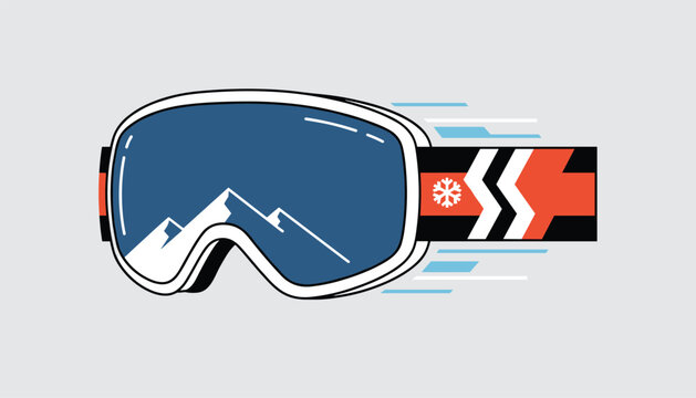 Modern vector illustration of snowboard or ski goggles with snow covered mountain reflection on a gray background.