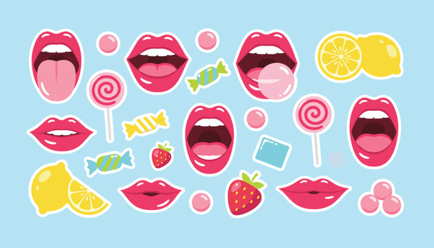 Colorful sticker set featuring pink lips, sweet lollipops, candies, fresh strawberries, and lemons on blue background.