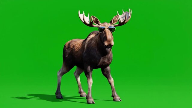 Moose dances with cool sunglasses in a green background with realistic CG fur rendering style