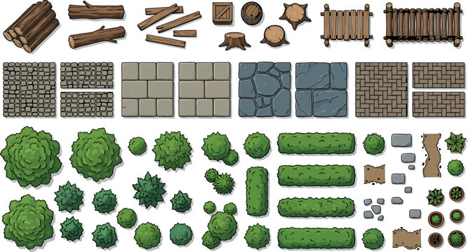 Topdown view of fantasy game map assets including trees, bushes, stone floor tiles, wooden logs, and bridges isolated on white background