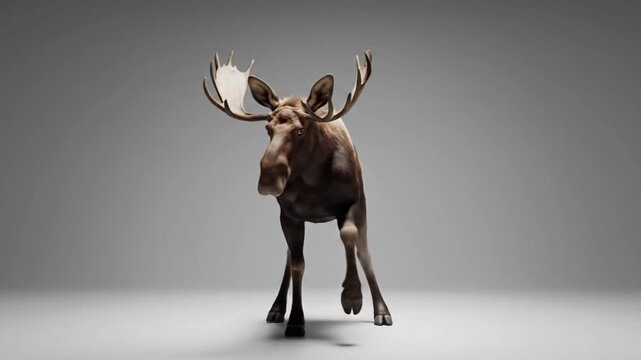 Moose dancing in realistic CG fur rendering in a studio setting at night