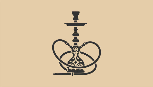 Silhouette of a traditional oriental hookah with dual hoses set against a warm solid beige background.