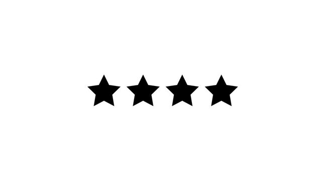 Animation of four stars filling up to represent a rating review score on white back.