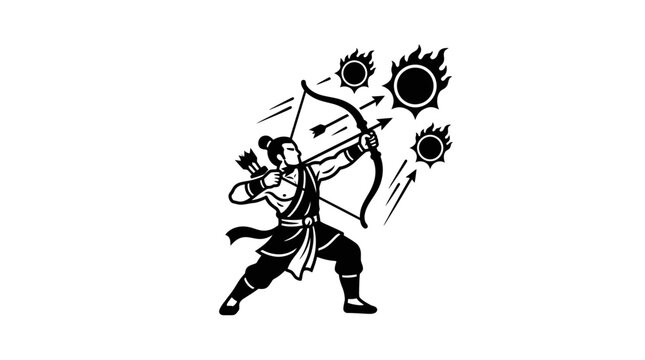 A black and white illustration of a legendary archer shooting arrows at multiple suns.