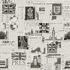 Fototapeta premium Vector seamless pattern on UK and London theme with postage stamps and postmarks on the background of newspaper in retro style. Suitable for wallpaper, wrapping paper or fabric