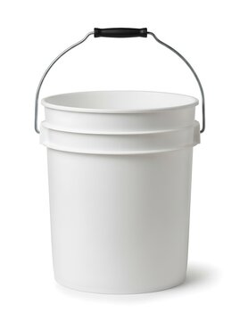 A clean white plastic bucket with a metal handle for household cleaning or construction work. 5 gallon bucket
