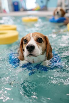 Beagle dog swimming with foam floats in a pool for pet swim session design poster background