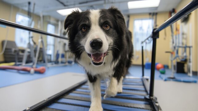 Border collie undergoing canine rehabilitation on treadmill in veterinary clinic for pet therapy design background