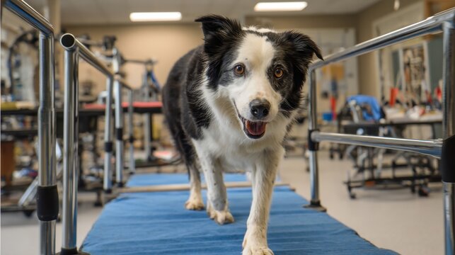 Border collie rehabilitation walking on treadmill in veterinary clinic for pet therapy poster and background