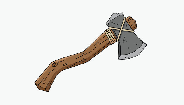 Simple cartoon illustration of a prehistoric stone axe with a curved rustic wooden handle secured by a tight rope.
