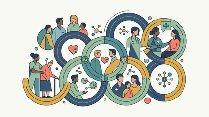 Fototapeta premium Diverse group of people in interconnected circles representing healthcare and community.