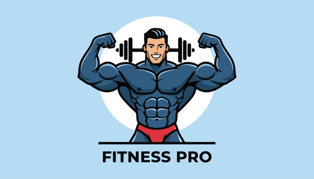 Bold fitness badge logo featuring a muscular male bodybuilder flexing his biceps with a barbell in the background.