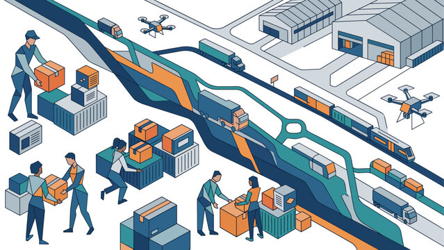Logistics and supply chain network with drones and trucks.