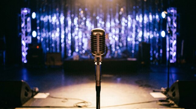 Classic silver dynamic microphone positioned on stage against a beautifully blurred background of dazzling cool blue bokeh concert lights.