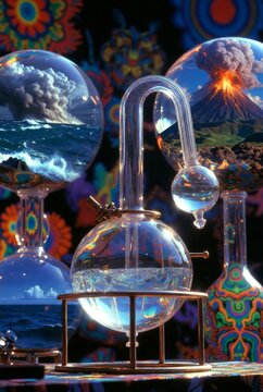 Esperimento alchemico surreale: elementi della natura, oceano in tempesta e vulcano in eruzione racchiusi in un alambicco di vetro