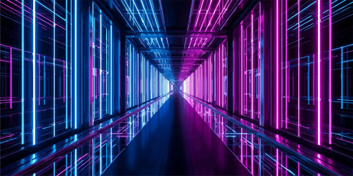 Symmetric digital tunnel with pink and blue neon laser light lines corridor futuristic perspective reflective technology abstract cybernetic synthwave environment structure illumination