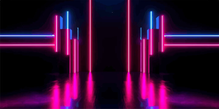Abstract neon light beams and horizontal glow lines in dark digital space with abstract horizontal futuristic reflective technology geometric synthwave retrowave backdrop perspective