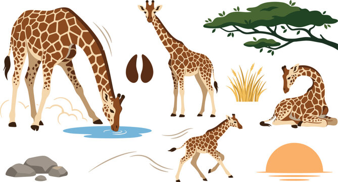 Giraffe Savanna Vector Illustration Featuring Drinking, Standing, Sitting, Resting, Walking Poses with Tree, Grass, Rocks, and Sunset