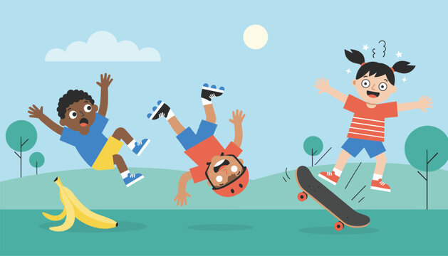 Cartoon children falling down and slipping on a banana peel, roller skates, and skateboard in a sunny park landscape.