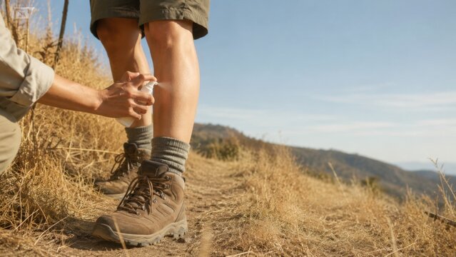 Applying insect repellent to a man's lower leg during a hike