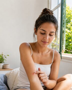Young woman examining possible insect bite on forearm at home