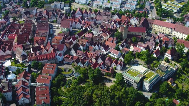 Panoramic aerial view beside the old town of the city Leonberg in Germany on a sunny noon  day in spring.