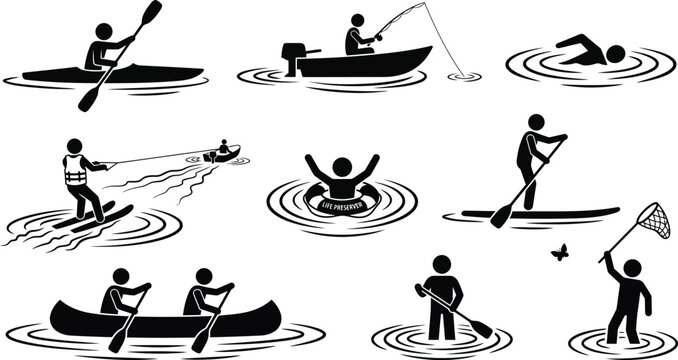 Set of water sports and activities icons, including kayaking, fishing, swimming, water skiing, and canoeing