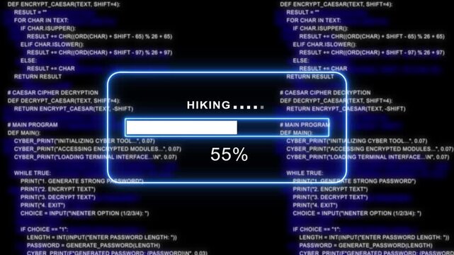 cyan glowing progress bar shows 100% percent of hiking on a background of computer code programming- 4k black background icon animation with Glitch Effect