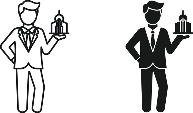 Butler presenting a miniature city skyline on a silver platter line art and silhouette