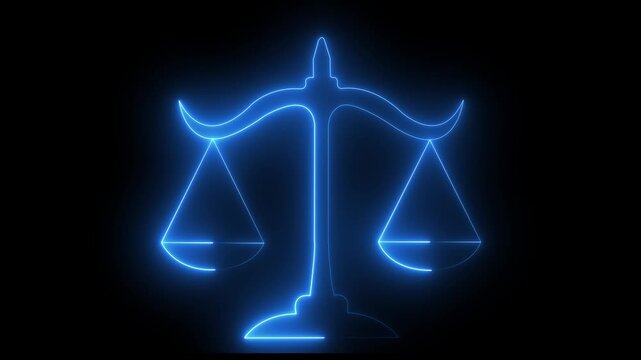Glowing neon line Scales of justice icon isolated on black background. Court of law symbol. Balance scale sign. animation4k motion video.