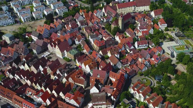 Panoramic aerial view beside the old town of the city Leonberg in Germany on a sunny noon  day in spring.