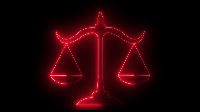 Glowing neon line Scales of justice icon isolated on black background. Court of law symbol. Balance scale sign. animation4k motion video.