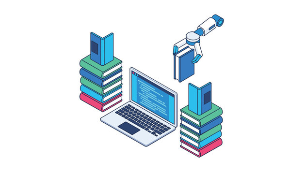 Isometric view of a personal laptop displaying code on its screen surrounded by book stacks and a robotic arm helper.