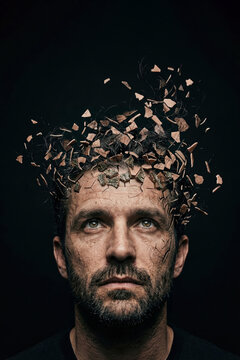 Conceptual Portrait of a Man with Exploding and Cracking Head - Mental Health and Stress Concept