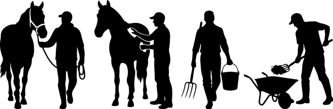 Set of silhouettes of a man working with horses on a farm vector illustration