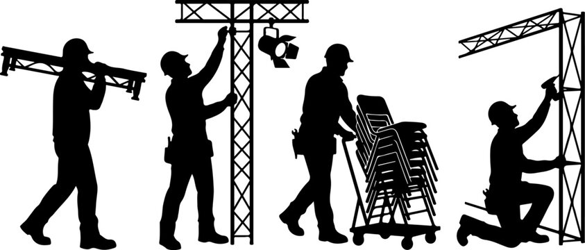 Silhouettes of construction workers and stage crew setting up equipment vector illustration