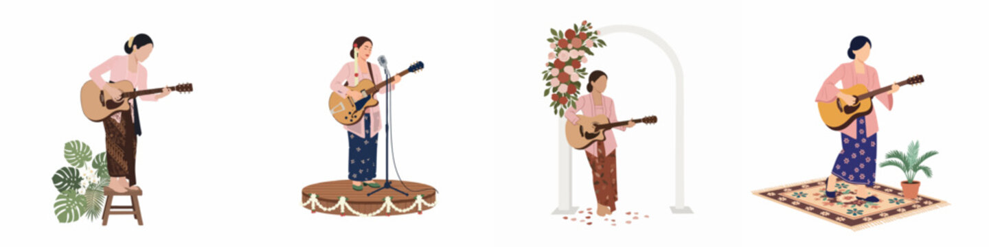Set of illustrations depicting Indonesian women in traditional kebaya and batik playing guitars in various elegant settings like stages and floral arches.