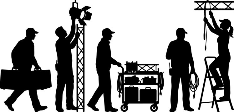 Silhouettes of stage crew workers setting up lighting and equipment vector illustration