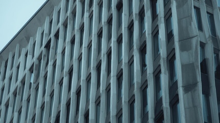 Naklejka premium Brutalist concrete facade vertical window repetition sleek modernist office building exterior