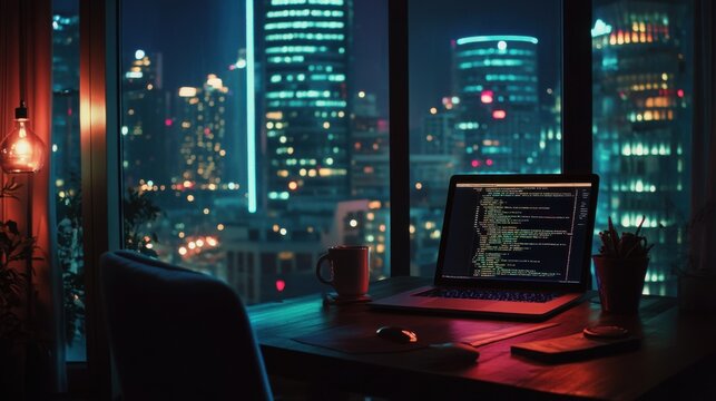 night office, laptop with code on screen, cityscape view