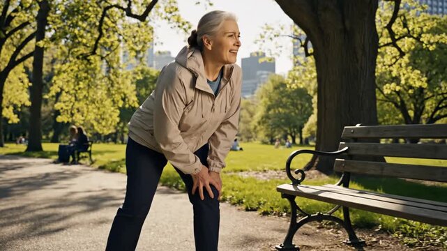 senior caucasian woman experiencing knee pain while walking in city park. elderly female holding aching joints. health problem, arthritis, physical exhaustion concept. healthcare, medical web design.