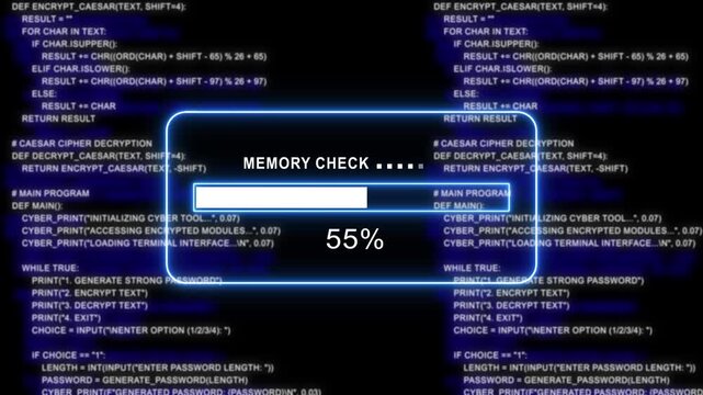 cyan glowing progress bar shows 100% percent of memory check on a background of computer code programming- 4k black background icon animation with Glitch Effect